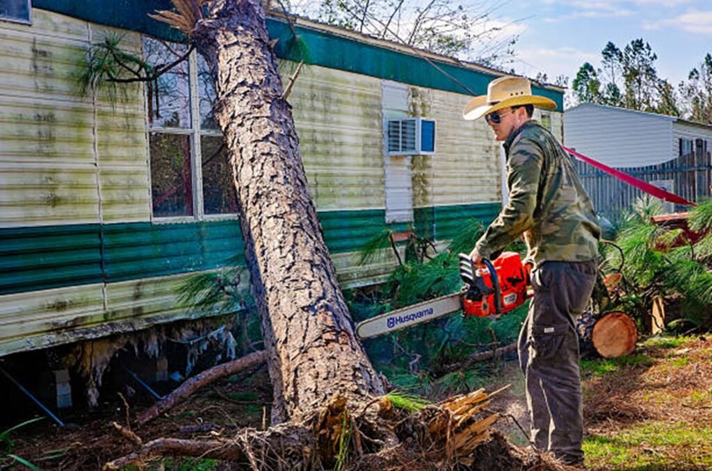Storm-damaged tree leaning against a residential home before emergency tree removal service in Eureka, MO.