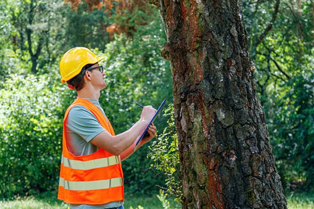 Certified arborist inspecting a storm-damaged tree to evaluate safety risks and recommend professional tree care services in Eureka, MO.
